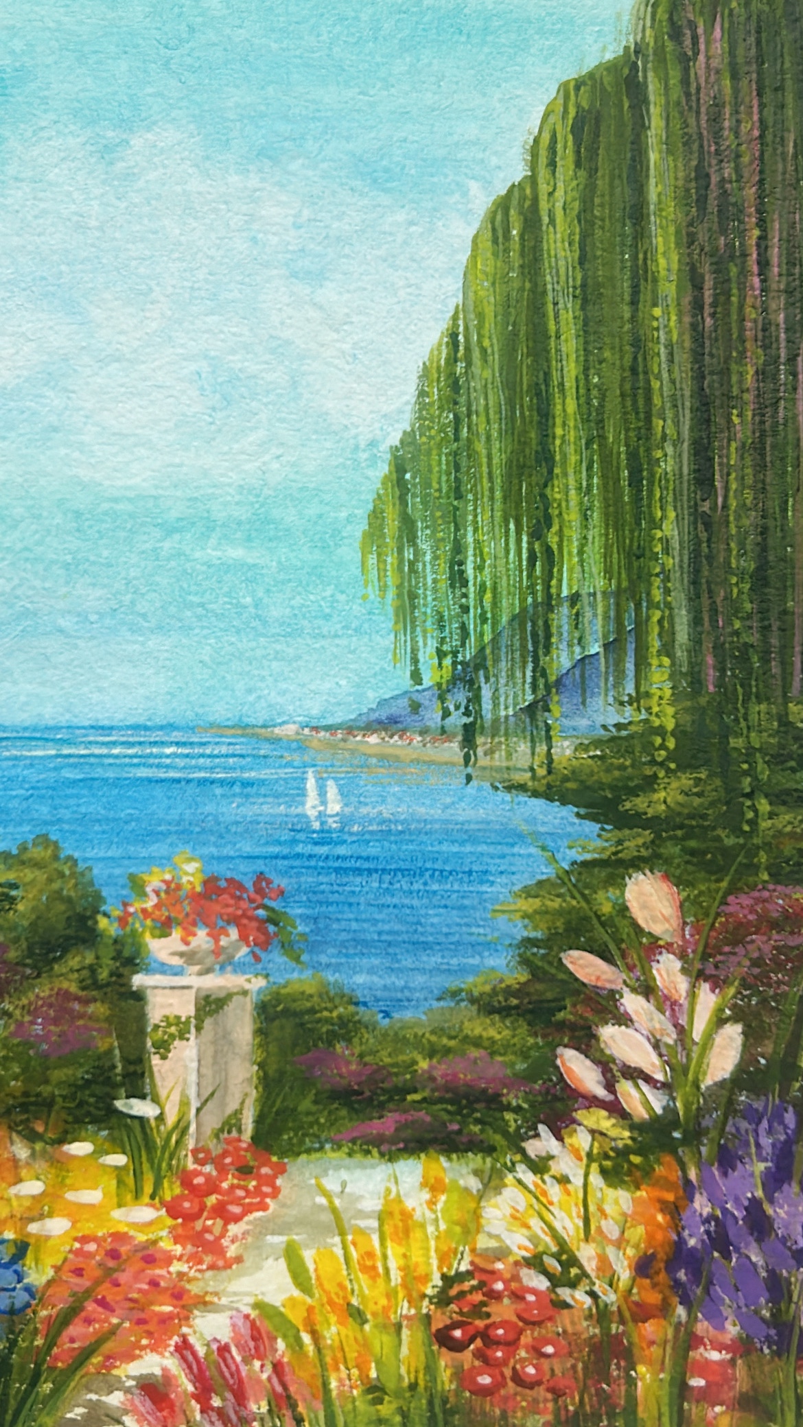 Watercolor of a blue lake, drooping willow trees and flowers